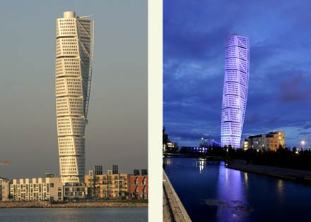 Budynek Turning Torso w dzień i w nocy